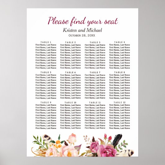 Elegantes Boho Rustic Floral Wedding Chart Poster (Vorne)