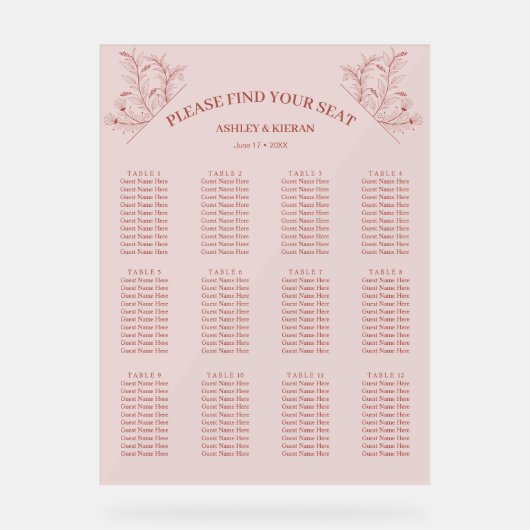 Elegantes Boho Sitzdiagramm Acrylschild (Vorderseite)