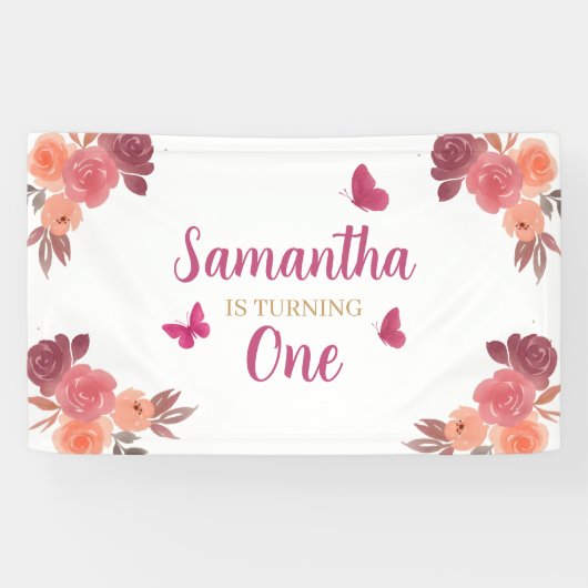 Elegantes Boho-Wasserfarben-Blumen-Erstes-Geburtst Banner (Horizontal)