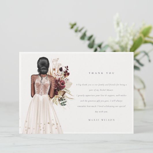 Elegantes Boho White Wedding Gown Brautparty Dankeskarte (Stehend Vorderseite)