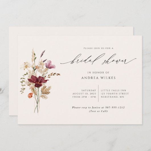 Elegantes Boho Wildblumen Fall Brautparty Einladung (Vorne/Hinten)