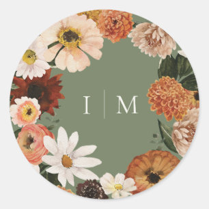 Elegantes Boho-Wildblumen-Hochzeitsmonogramm im He Runder Aufkleber