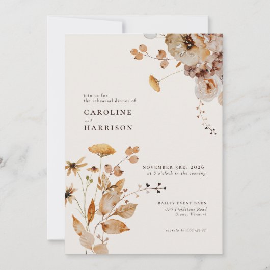 Elegantes Boho Woodland Fall Floral Probe Dinner Einladung (Vorderseite)