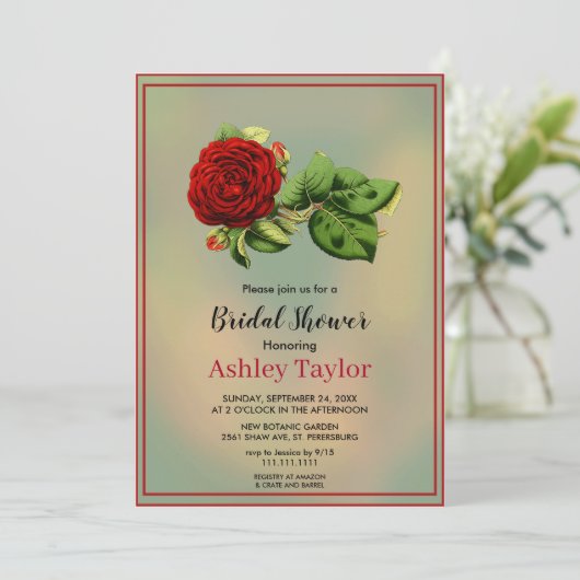 Elegantes bordeauxfarbenes Brautparty der rote Ros Einladung (Stehend Vorderseite)