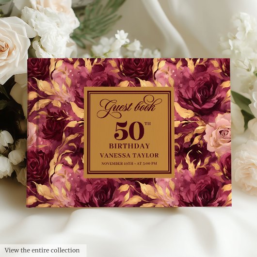 Elegantes bordeauxfarbenes Gold Rose 50. Gästebuch