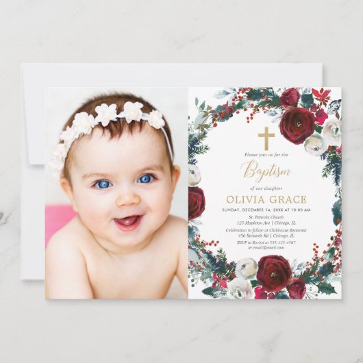 Elegantes bordeauxfarbenes Weihnachtsbaptismus-Fot Einladung (Vorderseite)