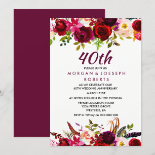 Elegantes bordeauxrotes Blumen-Design zum 40. Hoch Einladung