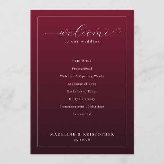 Elegantes bordeauxrotes Hochzeitsprogramm Programm (Vorderseite)