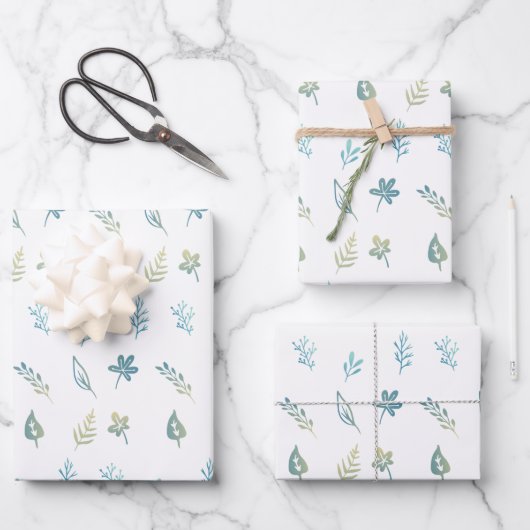 Elegantes botanisches Babyblau-Blätter Geschenkpapier Set (Vorderseite)