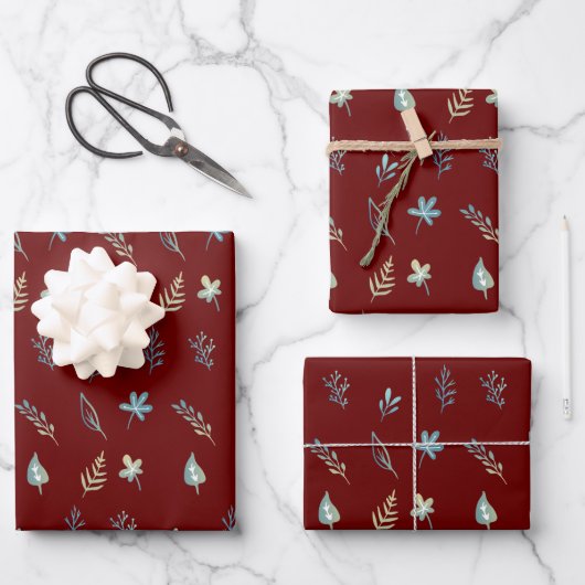 Elegantes botanisches Babyblau-Blätter Geschenkpapier Set (Vorderseite)