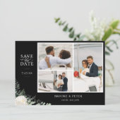 Elegantes botanisches Black Flat Save the Date Fot (Stehend Vorderseite)
