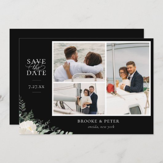 Elegantes botanisches Black Flat Save the Date Fot (Vorne/Hinten)