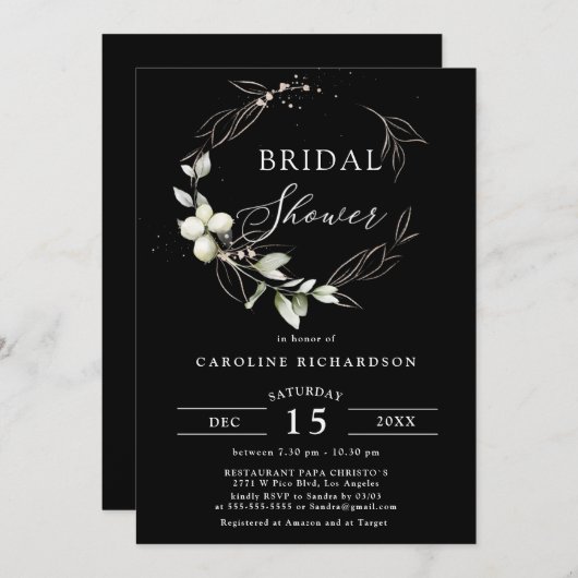 Elegantes botanisches Black-Gold-Brautparty Einladung (Vorne/Hinten)