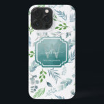 Elegantes Botanisches Blätter iPhone 13 Pro Max Hülle<br><div class="desc">Elegant Watercolor Botanical Blätter Monogram iPhone Case. Die Aquarellfarben sind in Grün- und Blautönen gehalten. Die Blätter sind in Grün und Blau gehalten.</div>