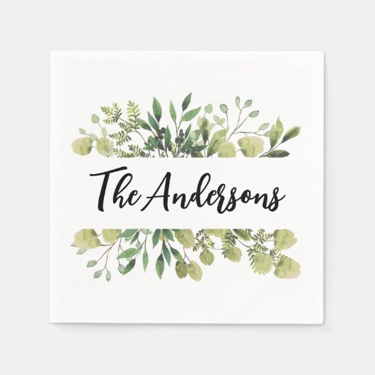 Elegantes Botanisches Blätter mit Familiennamen Serviette (Vorderseite)