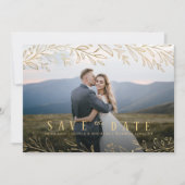 Elegantes botanisches Blattgold-Foto Save the Date Einladung (Vorderseite)