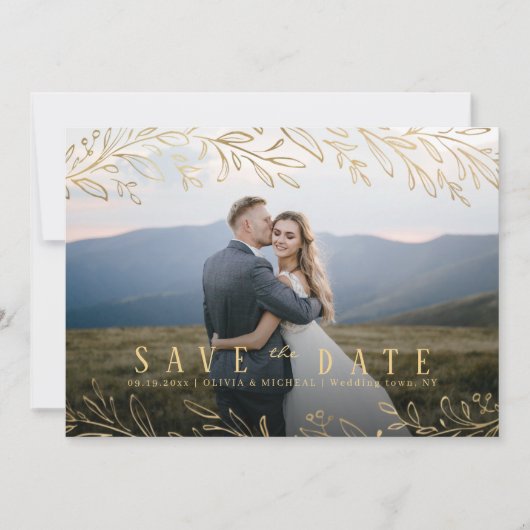 Elegantes botanisches Blattgold-Foto Save the Date Einladung (Vorderseite)