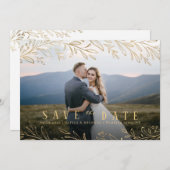 Elegantes botanisches Blattgold-Foto Save the Date Einladung (Vorne/Hinten)
