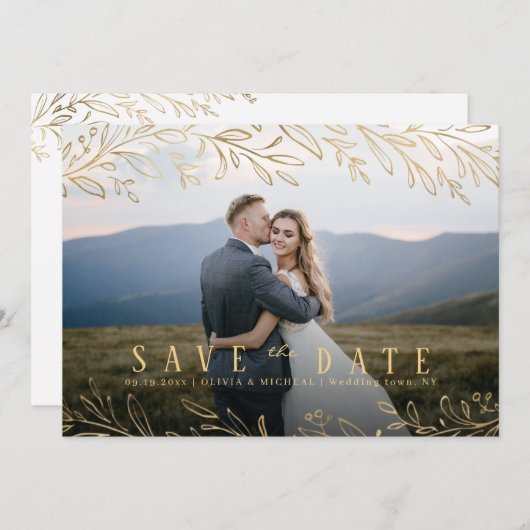 Elegantes botanisches Blattgold-Foto Save the Date Einladung (Vorne/Hinten)