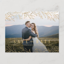 Elegantes botanisches Blattgold-Foto Save the Date Postkarte