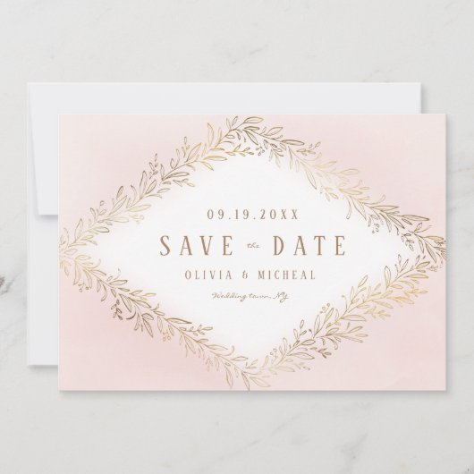 Elegantes botanisches Blattgold in Rosa Save the D Save The Date (Vorderseite)