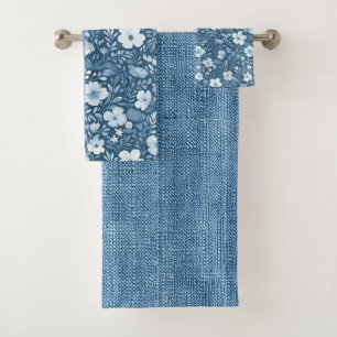 Elegantes botanisches blaues Imitat Denim Look Han Badhandtuch Set