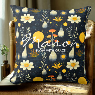 Elegantes botanisches Blumenmuster in Navy-Gelb Kissen
