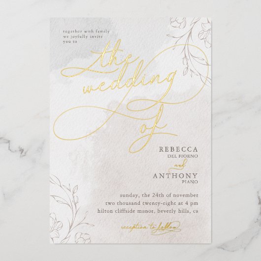 Elegantes botanisches Extravagantes Skript-Hochzei Folieneinladung (Vorderseite)