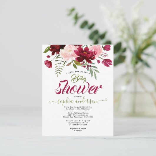 Elegantes Botanisches Floral Burgundy Babydusche G Einladung (Stehend Vorderseite)
