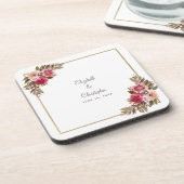 Elegantes botanisches Floral Gold Hochzeitscoupel Getränkeuntersetzer (Linke Seite)