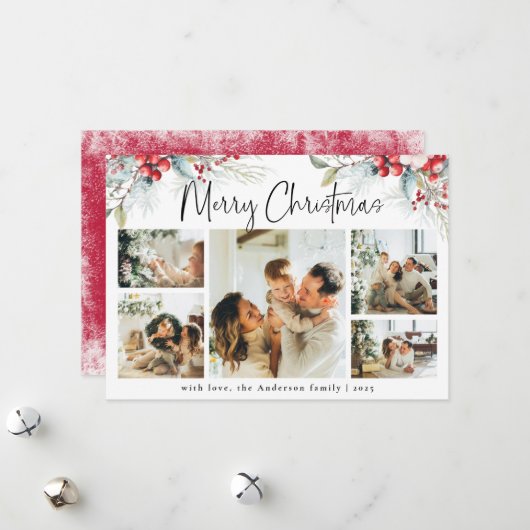 Elegantes botanisches FotoCollage Rotes Weihnachts Feiertagskarte (Vorderseite/Rückseite Beispiel)