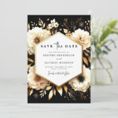 Elegantes botanisches Gold und Schwarze Hochzeit Save The Date (Stehend Vorderseite)