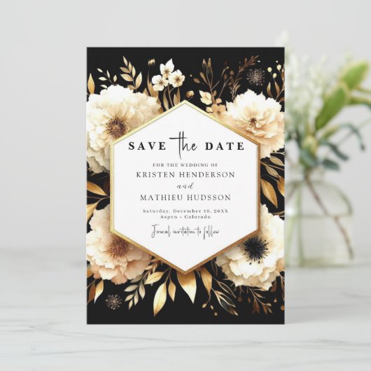 Elegantes botanisches Gold und Schwarze Hochzeit Save The Date (Stehend Vorderseite)