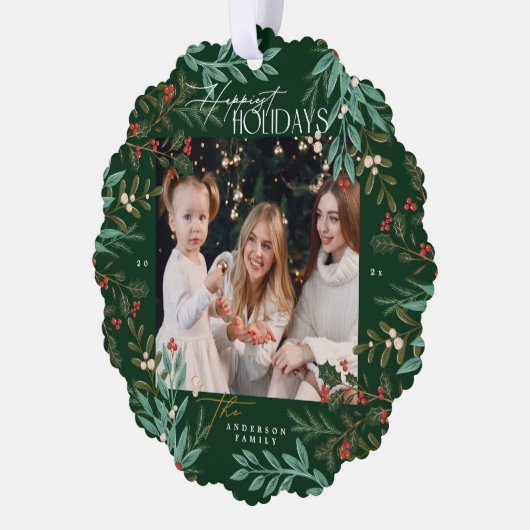 Elegantes botanisches Green Happy Holiday Foto Ornament Karte (Links)