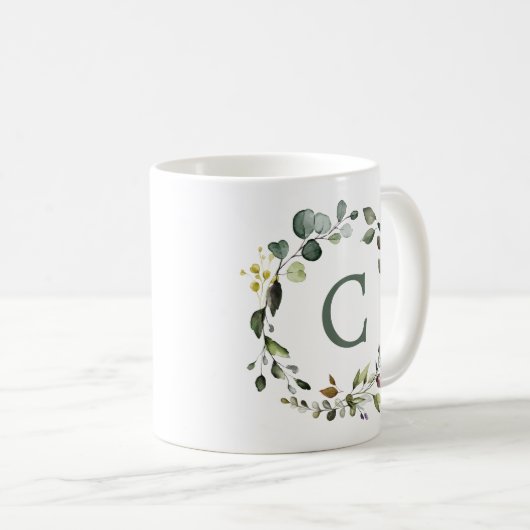 Elegantes Botanisches Greenery Wreath Monogramm Kaffeetasse (VorderseiteRechts)