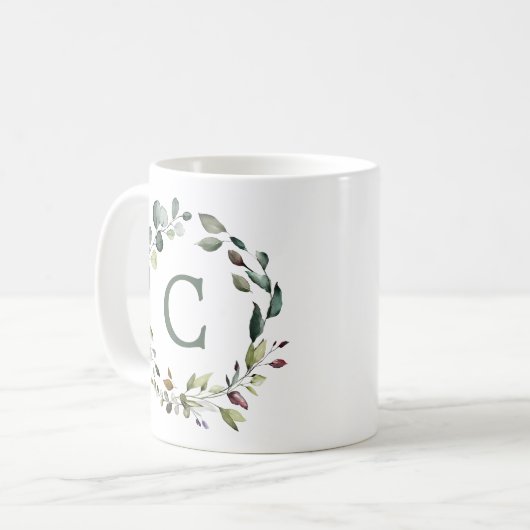 Elegantes Botanisches Greenery Wreath Monogramm Kaffeetasse (Vorderseite Links)
