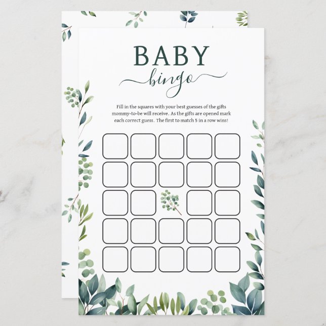 Elegantes botanisches Grün Baby Shower Bingo Game (Vorne/Hinten)