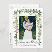 Elegantes botanisches grünes Foto Save the Date Ankündigungspostkarte (Vorne/Hinten)