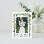 Elegantes botanisches grünes Foto Save the Date Ankündigungspostkarte (Stehend Vorderseite)