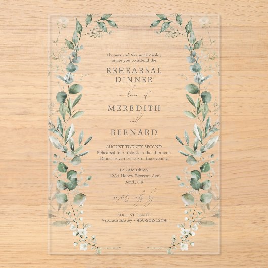 Elegantes botanisches Hochzeitsessen Probe Acryleinladungen (Vorderseite)