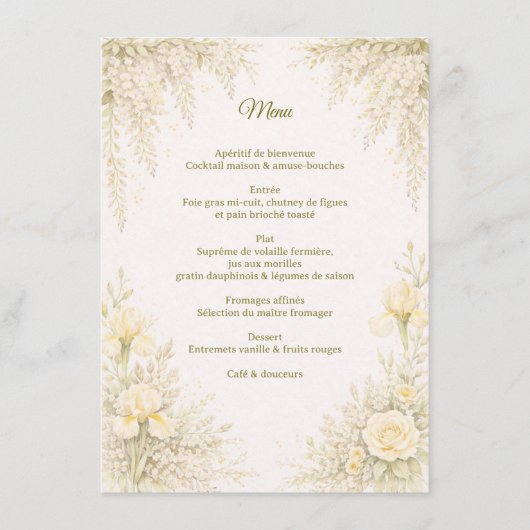 Elegantes botanisches Hochzeitsmenü Menükarte (Vorderseite)