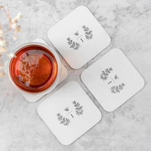 Elegantes Botanisches Leaf Monogramm erste Hochzei Rechteckiger Pappuntersetzer