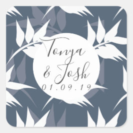 Elegantes Botanisches Leaf Navy Weißes Muster Hoch Quadratischer Aufkleber