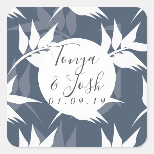 Elegantes Botanisches Leaf Navy Weißes Muster Hoch Quadratischer Aufkleber (Vorderseite)