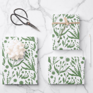 Elegantes botanisches Muster Sagegrün Geschenkpapier Set