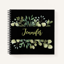 Elegantes botanisches Rahmen-Blätter schwarz Notizblock