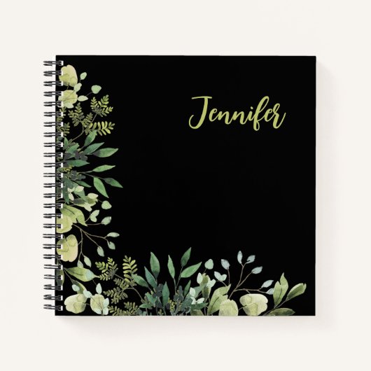 Elegantes botanisches Rahmen-Blätter schwarz Notizblock (Vorderseite)