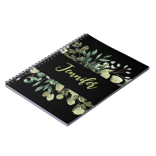 Elegantes botanisches Rahmen-Blätter schwarz Notizblock (Linke Seite)