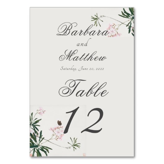 Elegantes Botanisches Rosa Blossom mit Schmetterli Tischnummer (Vorderseite)
