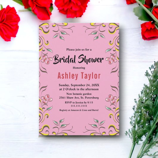 Elegantes botanisches Rosa Brautparty Einladung